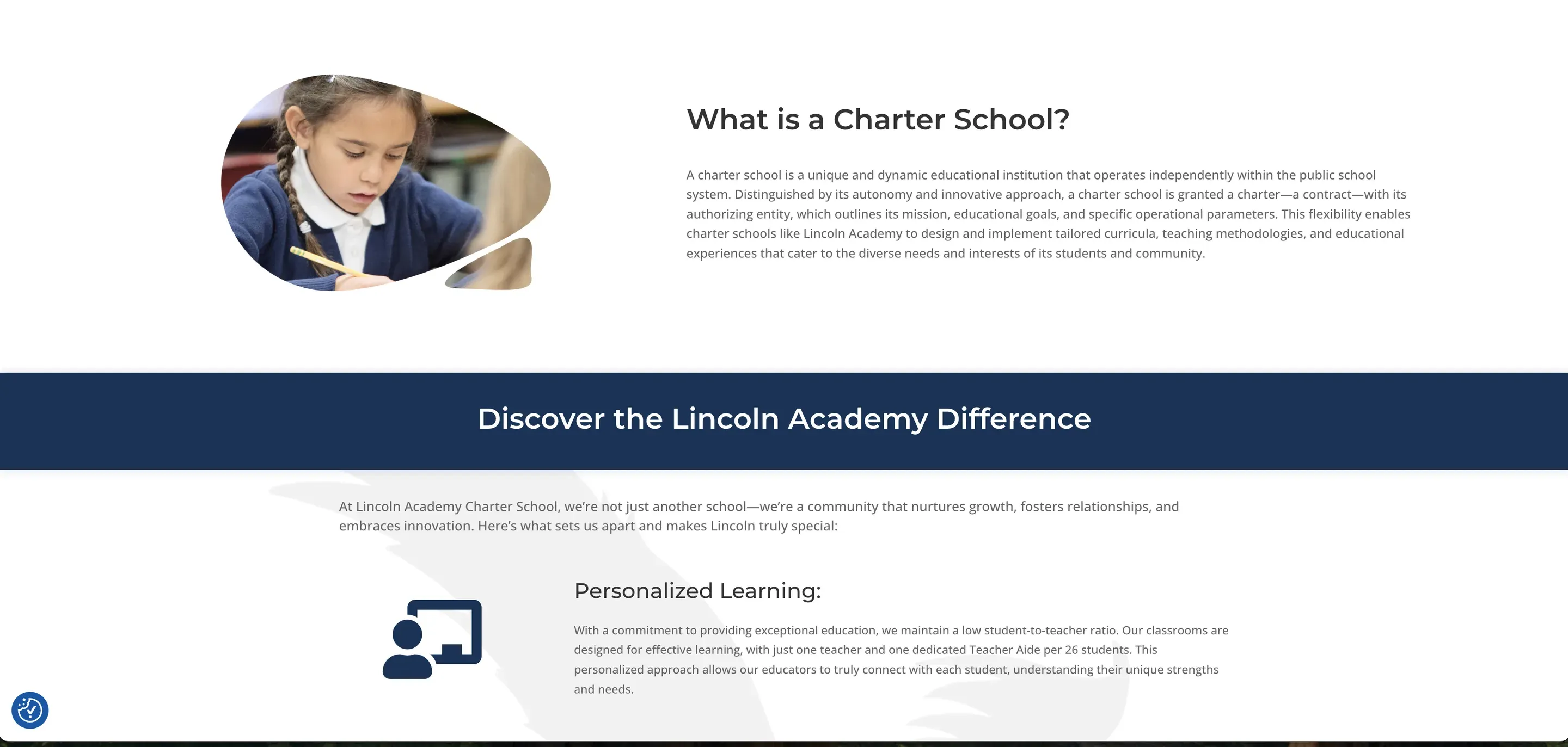 The 2025 "What is a Charter School?" section and a "Discover the Lincoln Academy Difference" banner, written for prospective families.