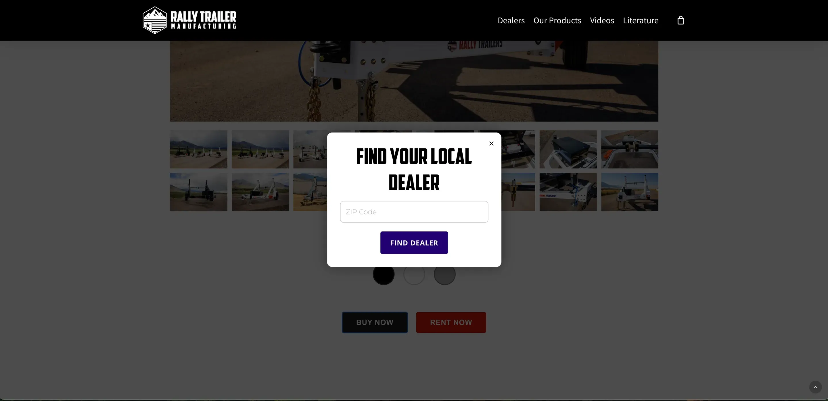 The 2025 trailer page with a "Find your local dealer" box asking for a ZIP code over the page.
