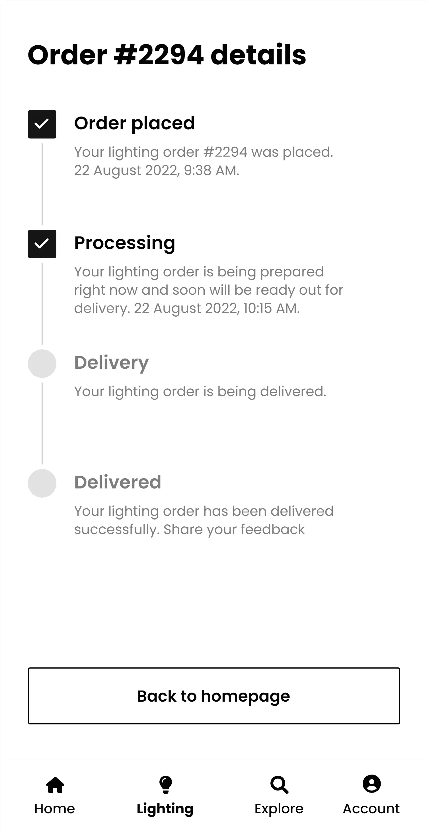 Order 2294 status timeline — placed, processing, delivery, delivered.