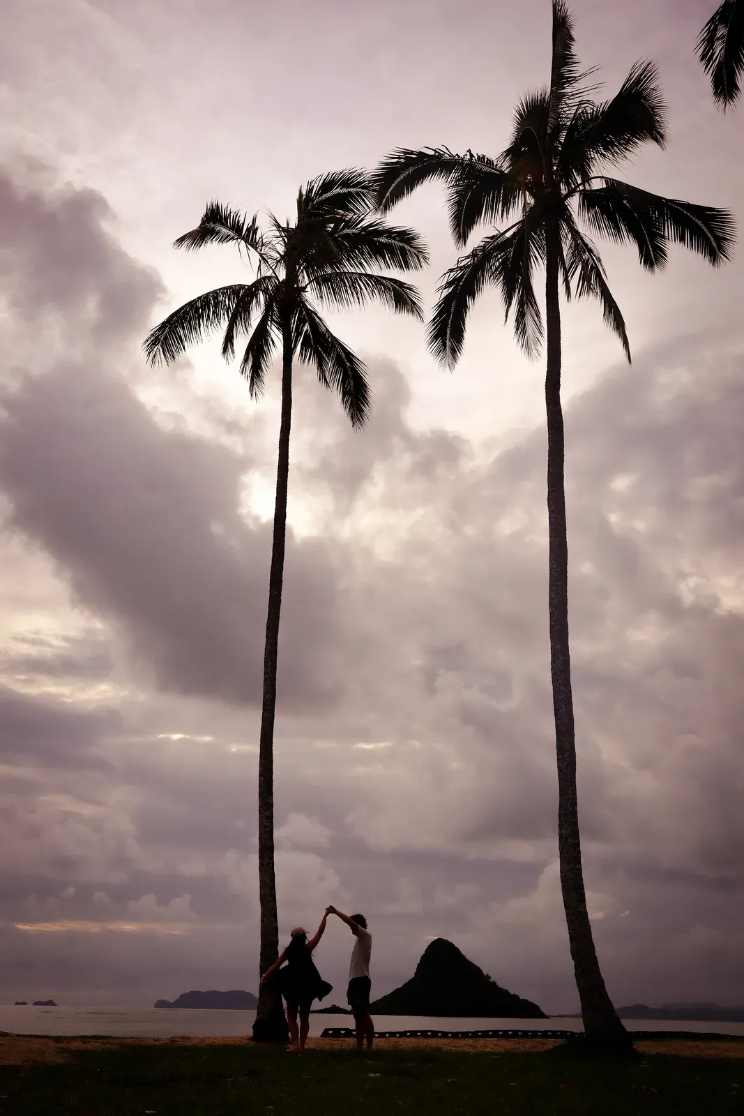 Brendon and Kaylee dancing in silhouette under tall palms on a beach.