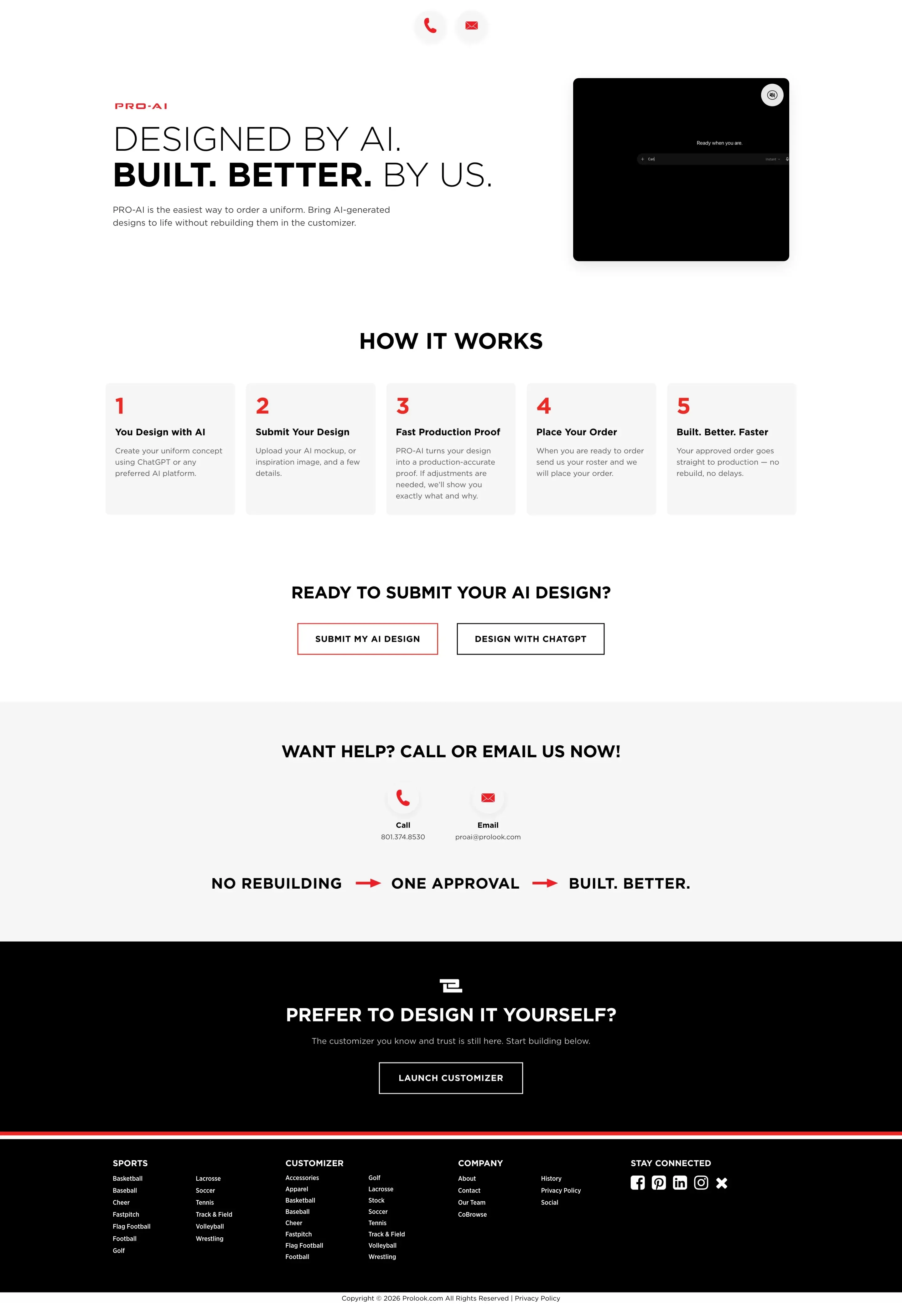 The PRO-AI landing page below its opening video — the phone and email buttons, the Designed by AI. Built. Better. By us. headline beside the demo video, five How It Works cards, the submit buttons, the call or email help block, the Prefer to design it yourself? banner and the footer.