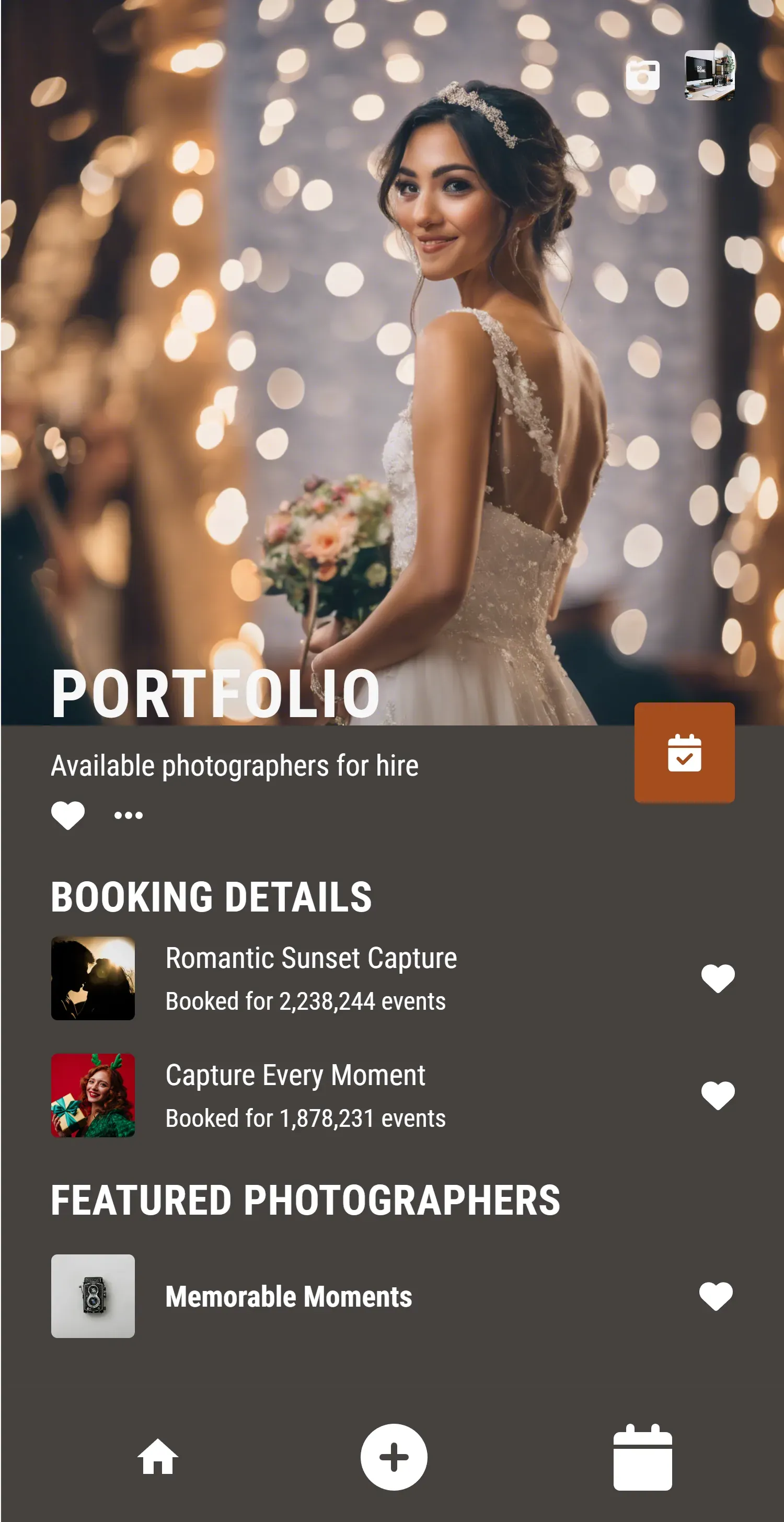 A photographer portfolio with booking details and featured work.