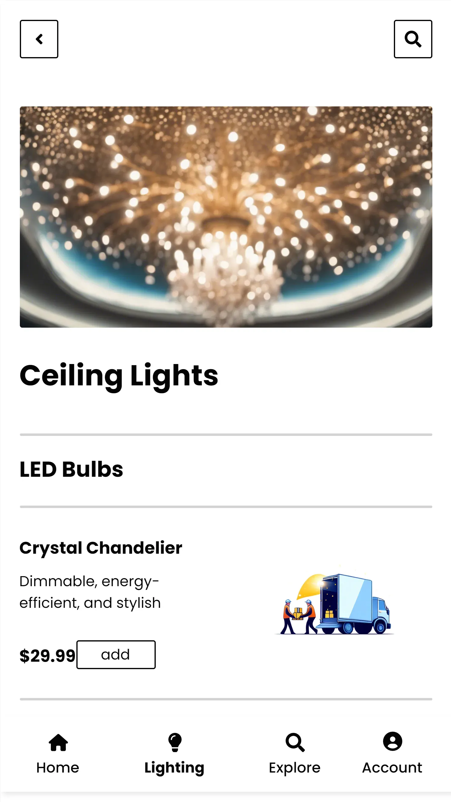 Ceiling lights listing with LED bulbs and a crystal chandelier at $29.99.