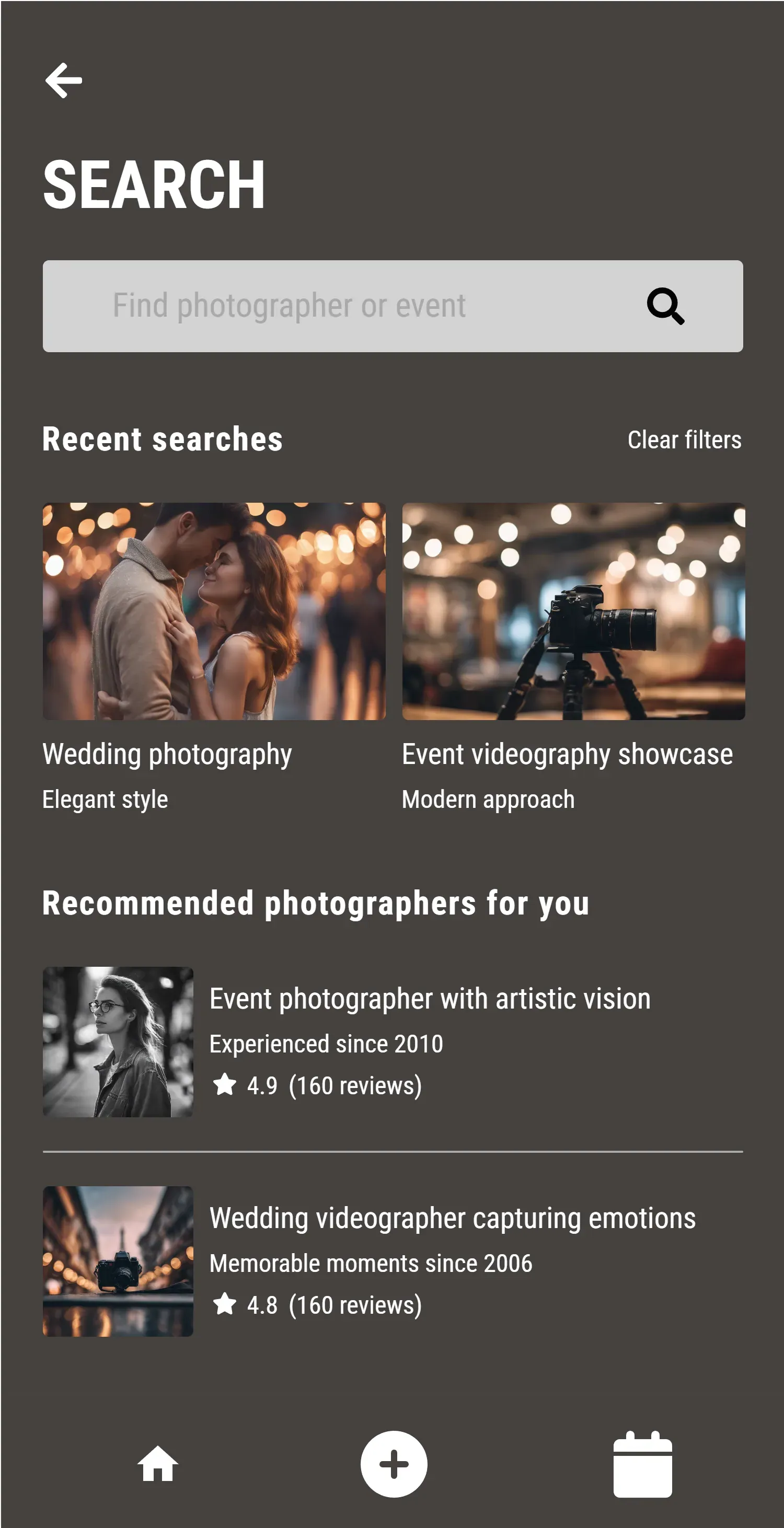Search with recent searches and recommended photographers.