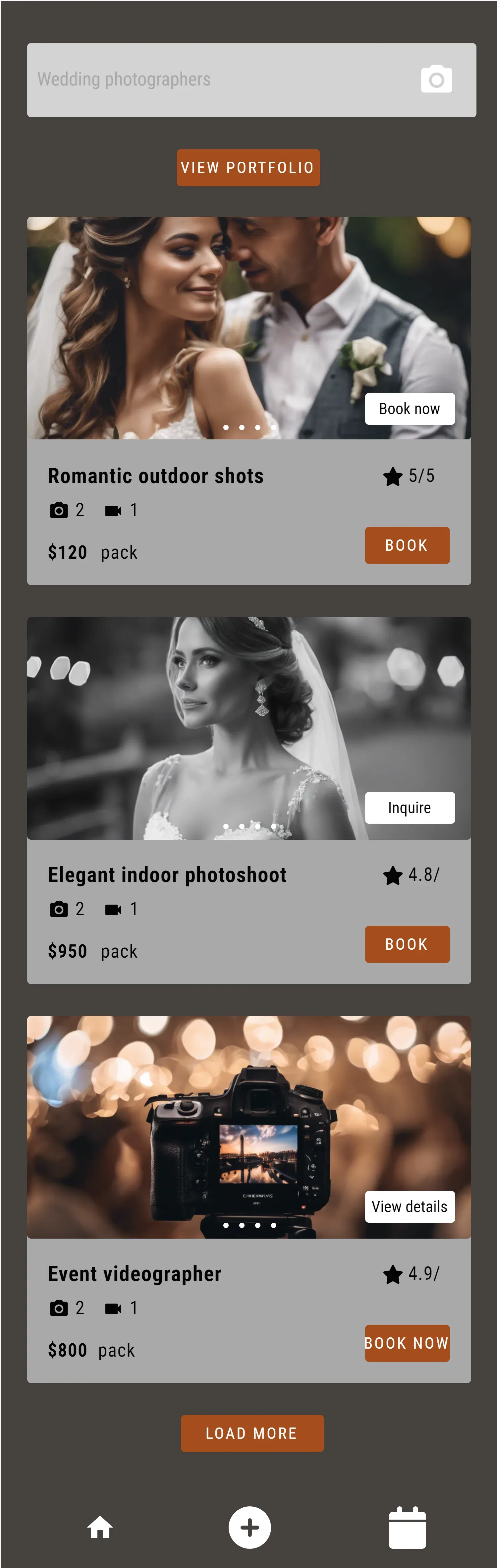 Search results listing photographers with rates and ratings.