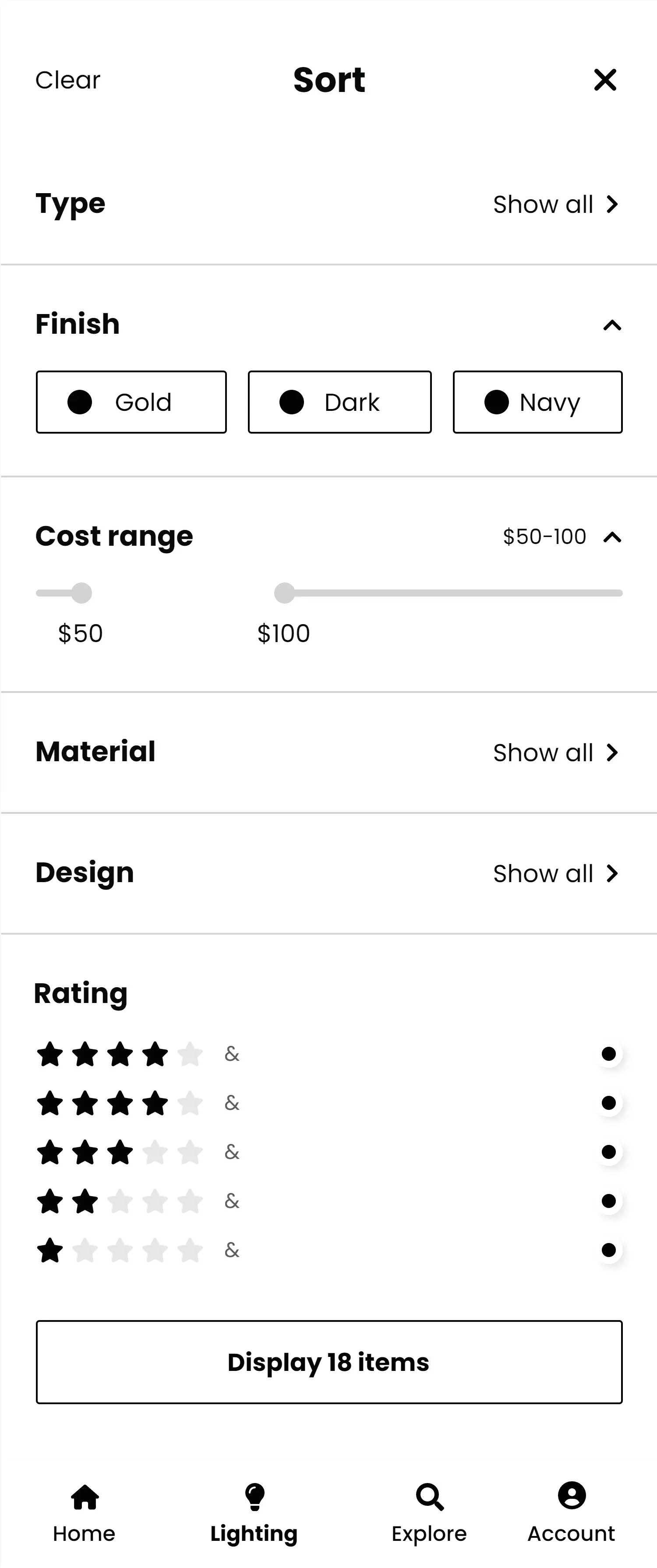 The sort and filter panel, with type, finish, cost range, material, design and rating.