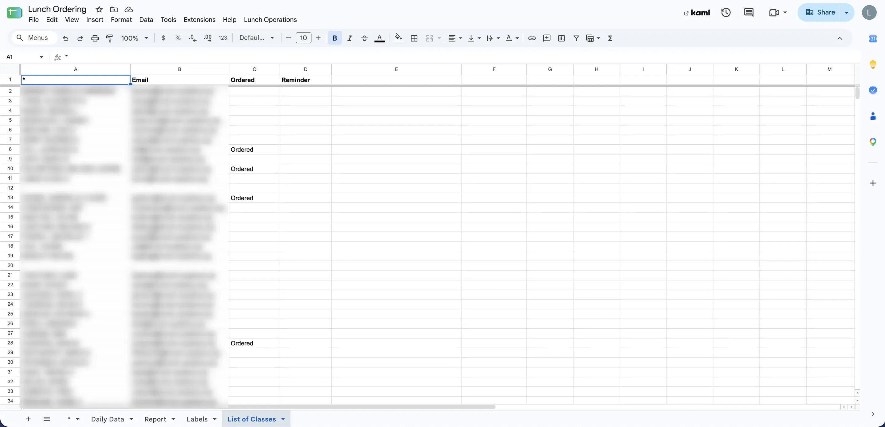The old "Lunch Ordering" Google Sheet, List of Classes tab — names and emails blurred, with Ordered and Reminder columns mostly empty.