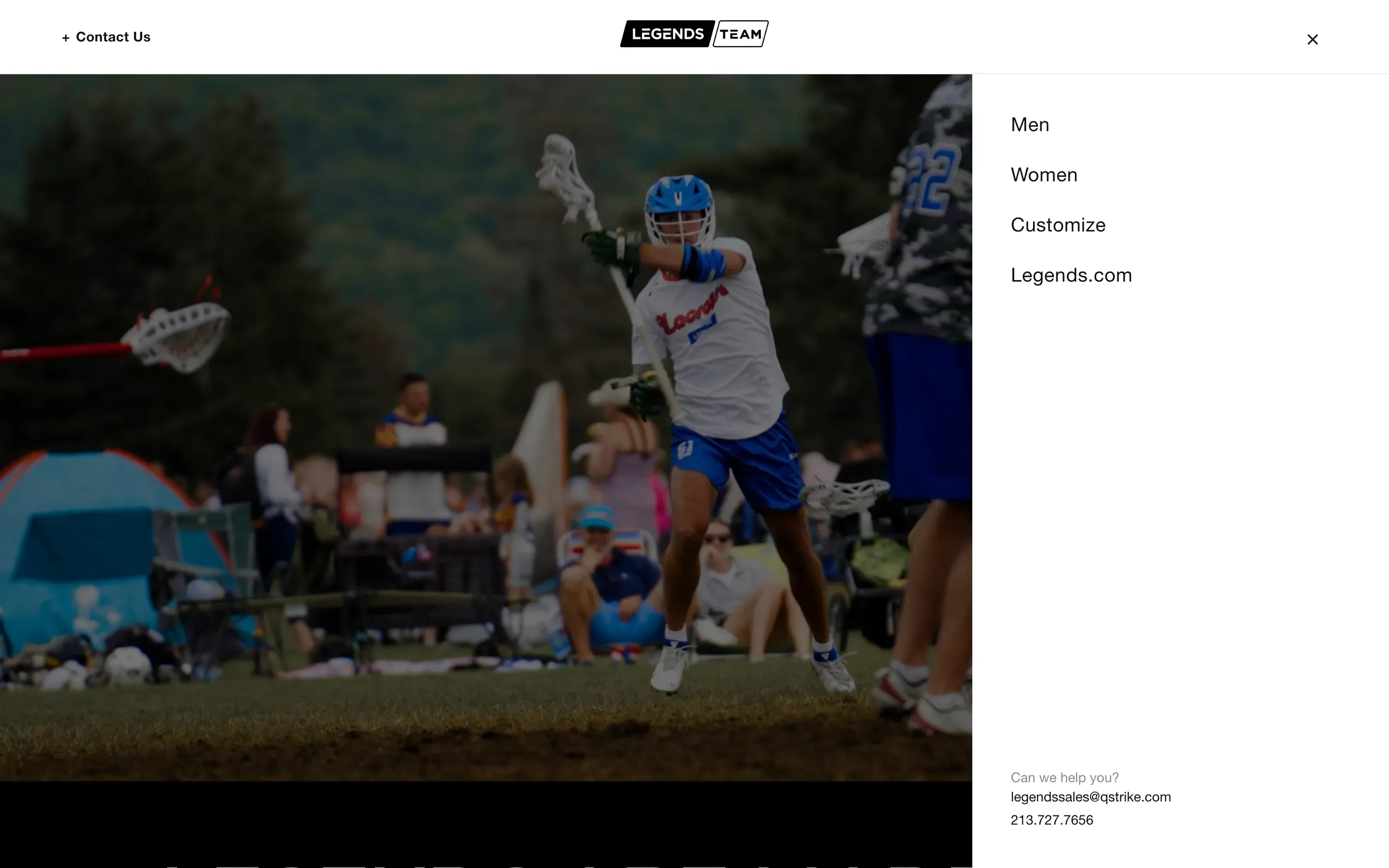 The slide-out menu open over the homepage — Men, Women, Customize and Legends.com, with the sales email and phone number at the bottom.