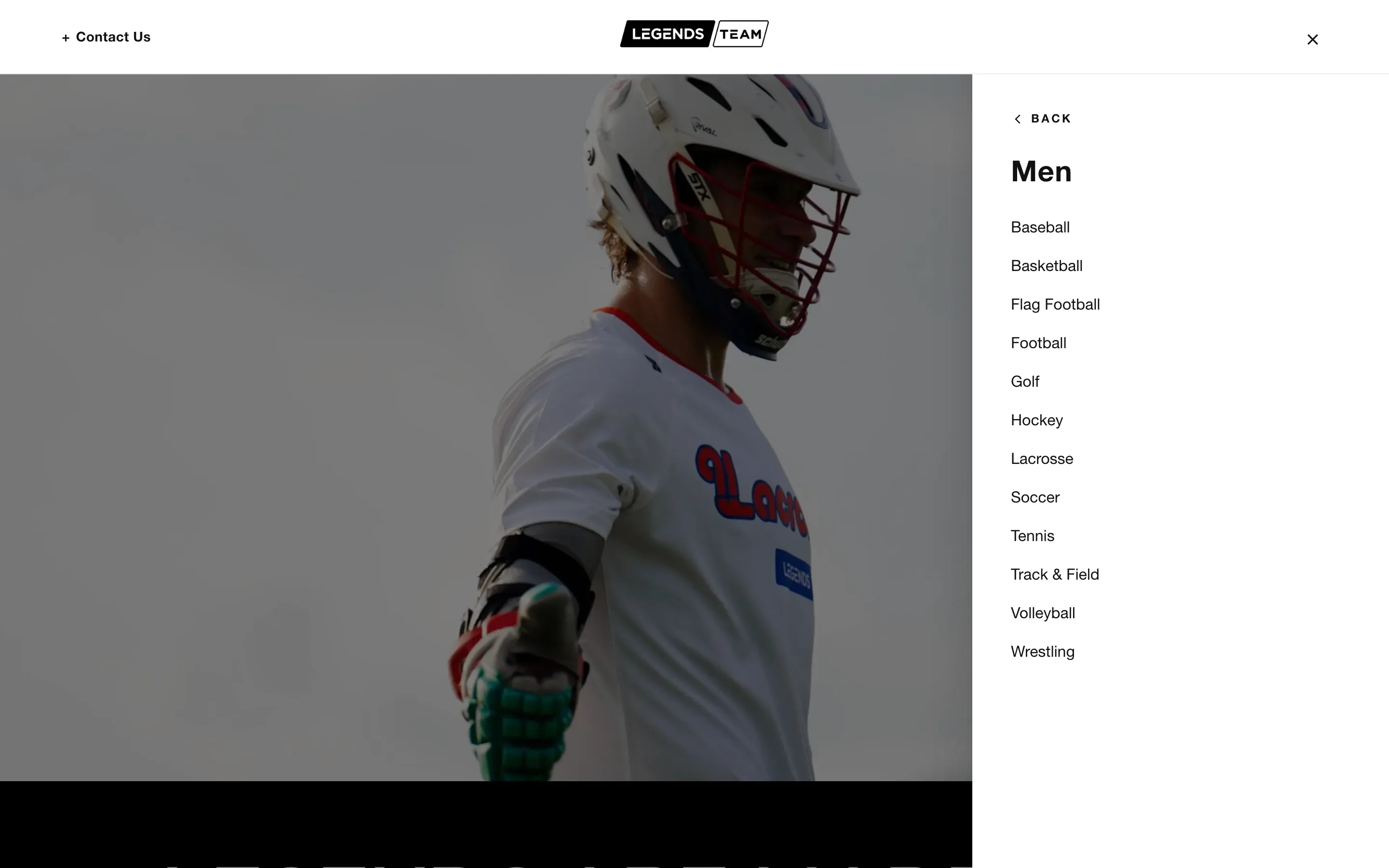 The menu's Men panel — a Back link and twelve sports from Baseball to Wrestling.