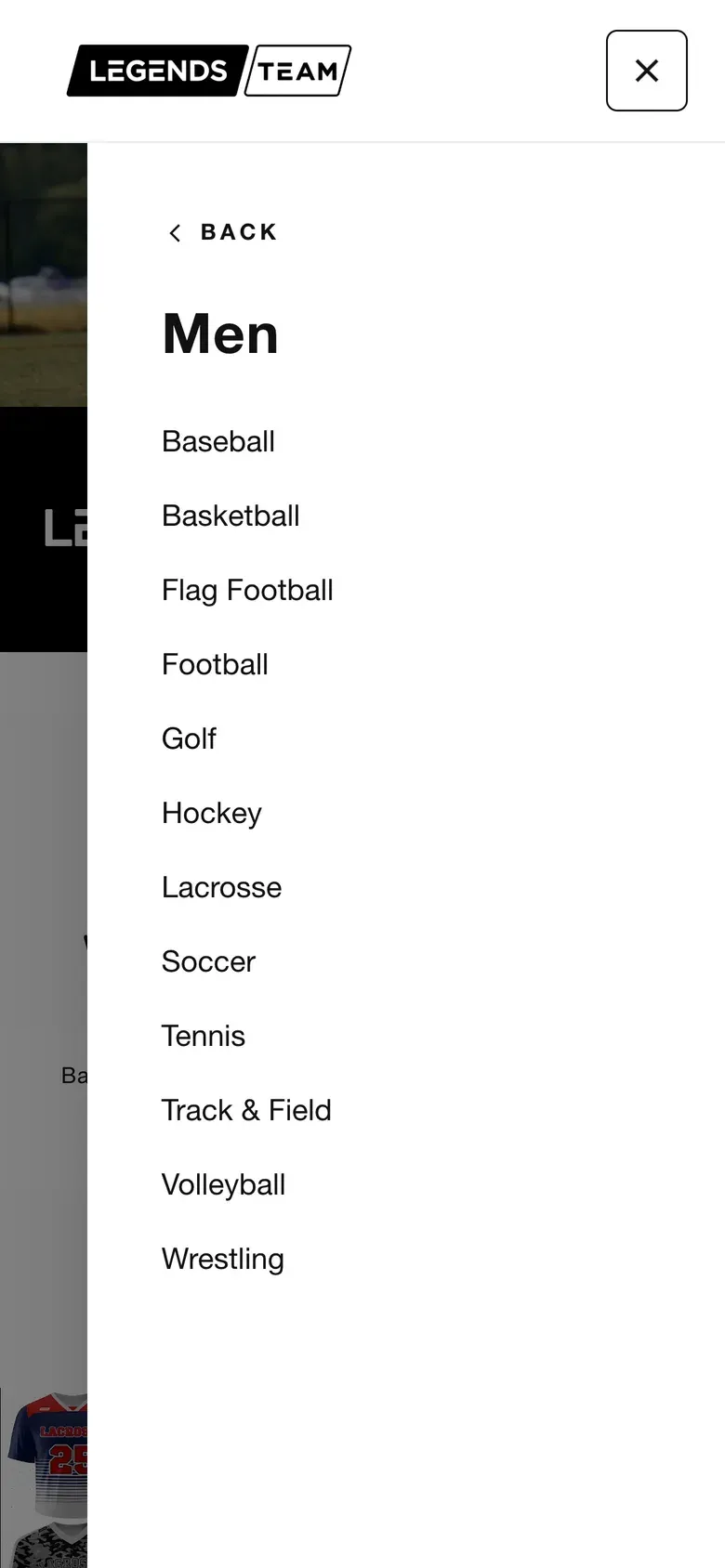 The menu's Men panel — a Back link and twelve sports from Baseball to Wrestling.