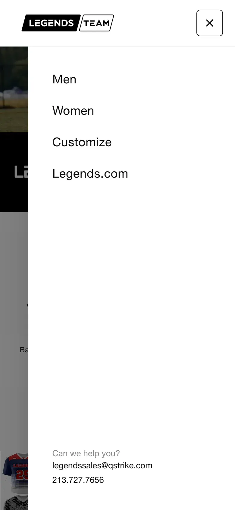 The slide-out menu open over the homepage — Men, Women, Customize and Legends.com, with the sales email and phone number at the bottom.