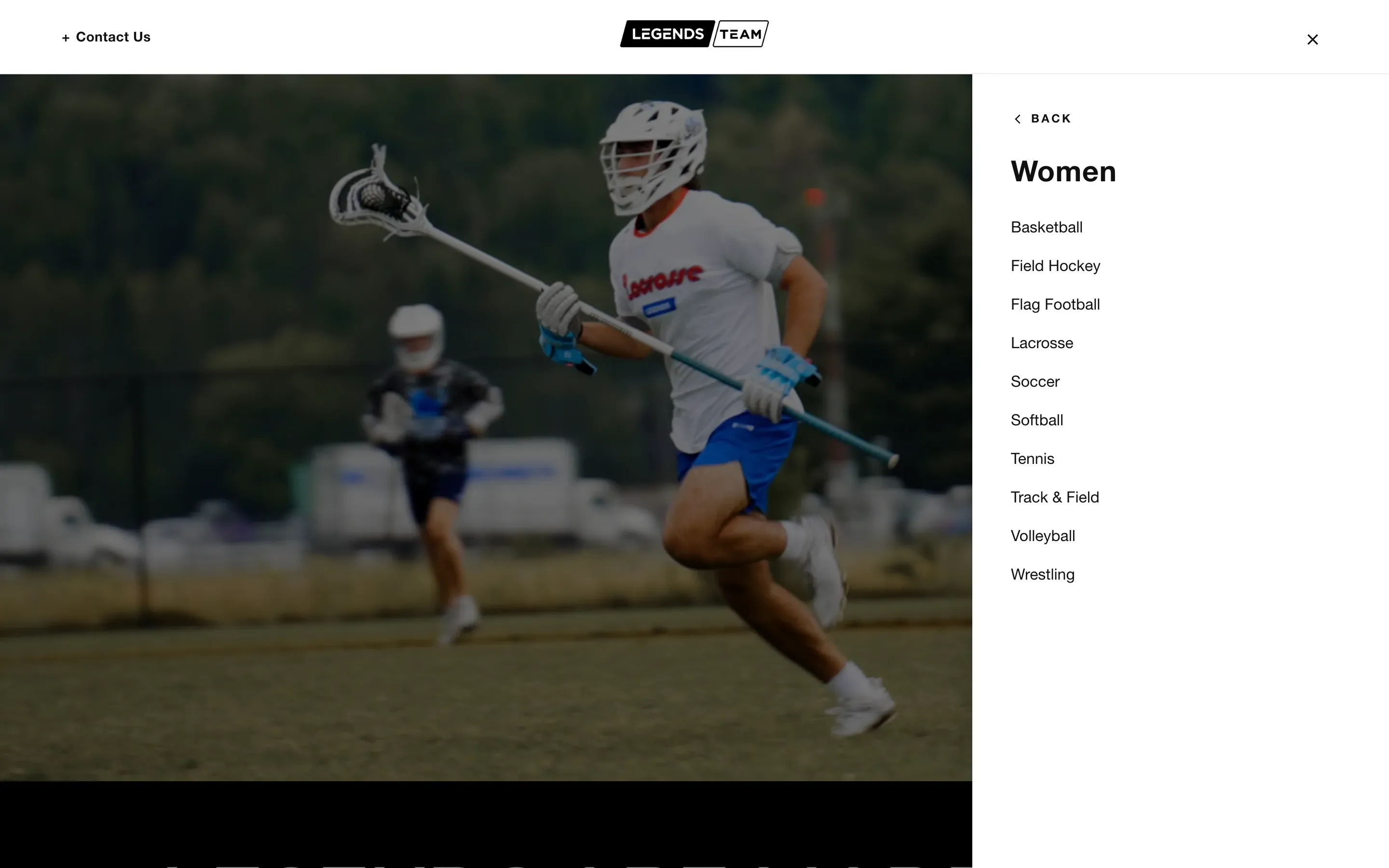 The menu's Women panel — a Back link and ten sports.