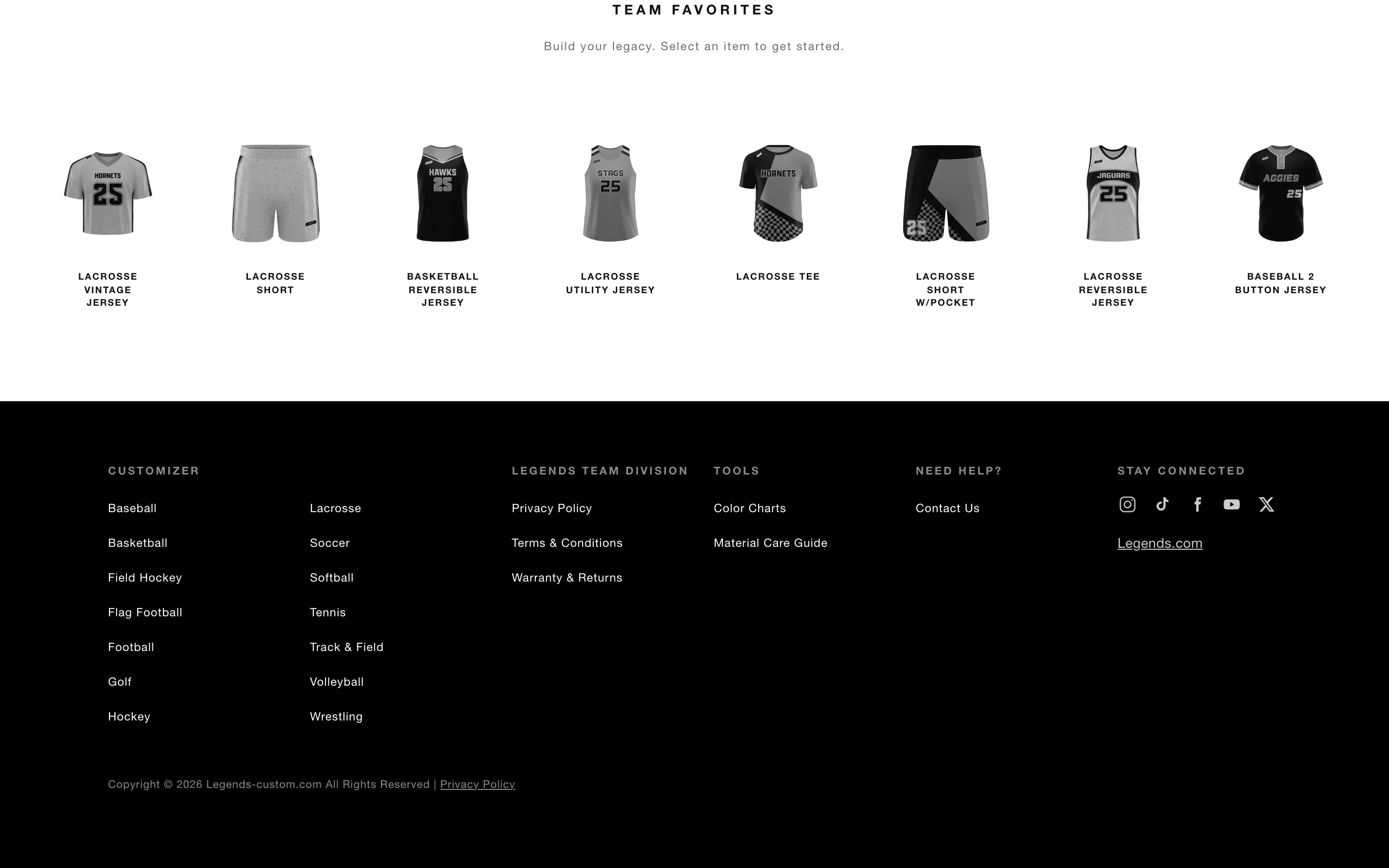 The Team Favorites row of eight products, from a lacrosse vintage jersey to a baseball button jersey, with the top of the footer below.