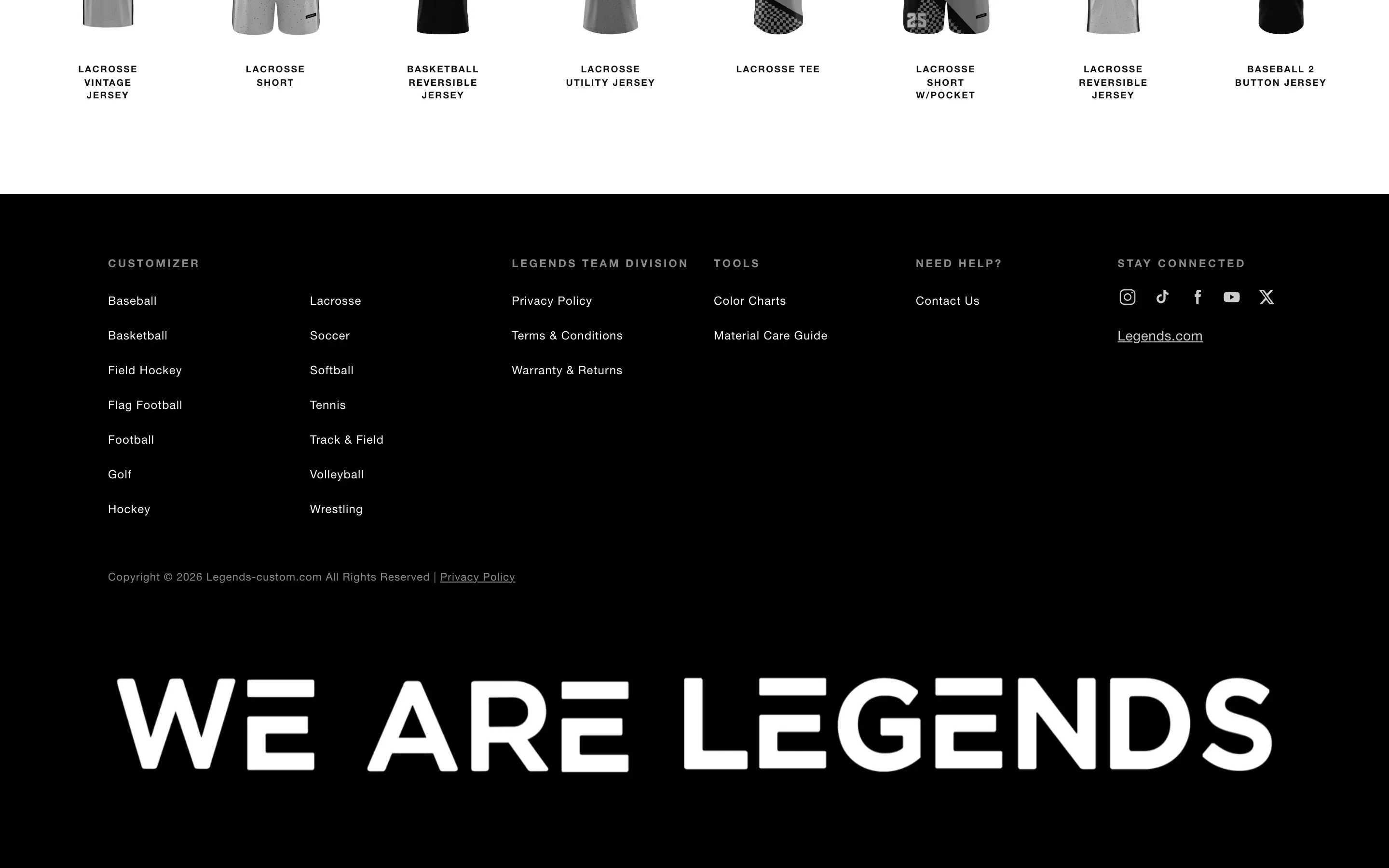 The footer — customizer sport links, Legends Team Division and Tools links, social icons and a large "We Are Legends" wordmark.
