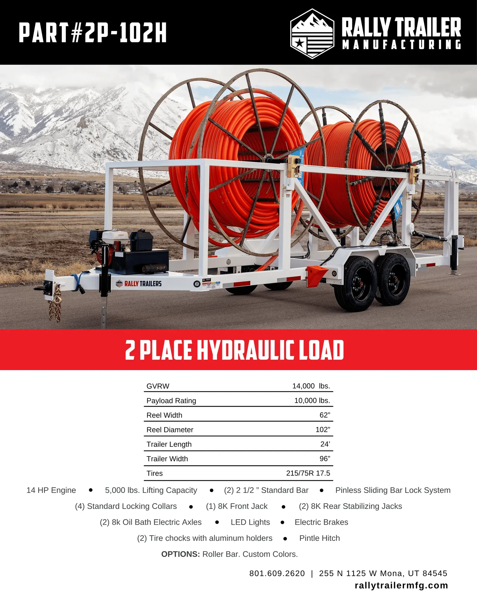 The spec sheet for the 2P-102H 2 Place Hydraulic Load trailer.