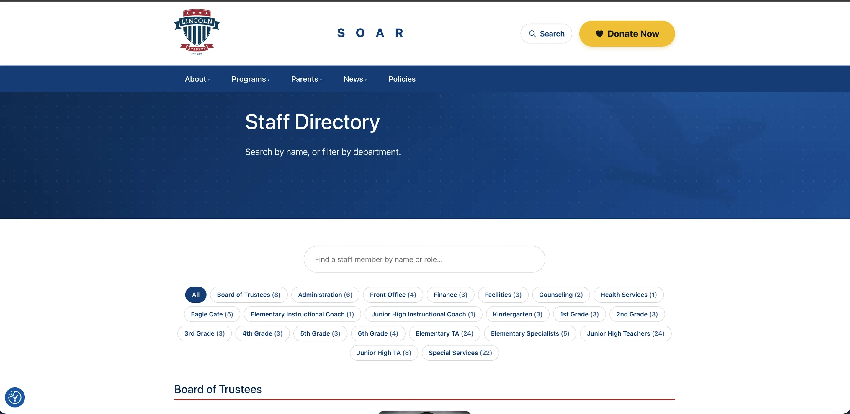 The new Staff Directory — a search box and a filter for every department.
