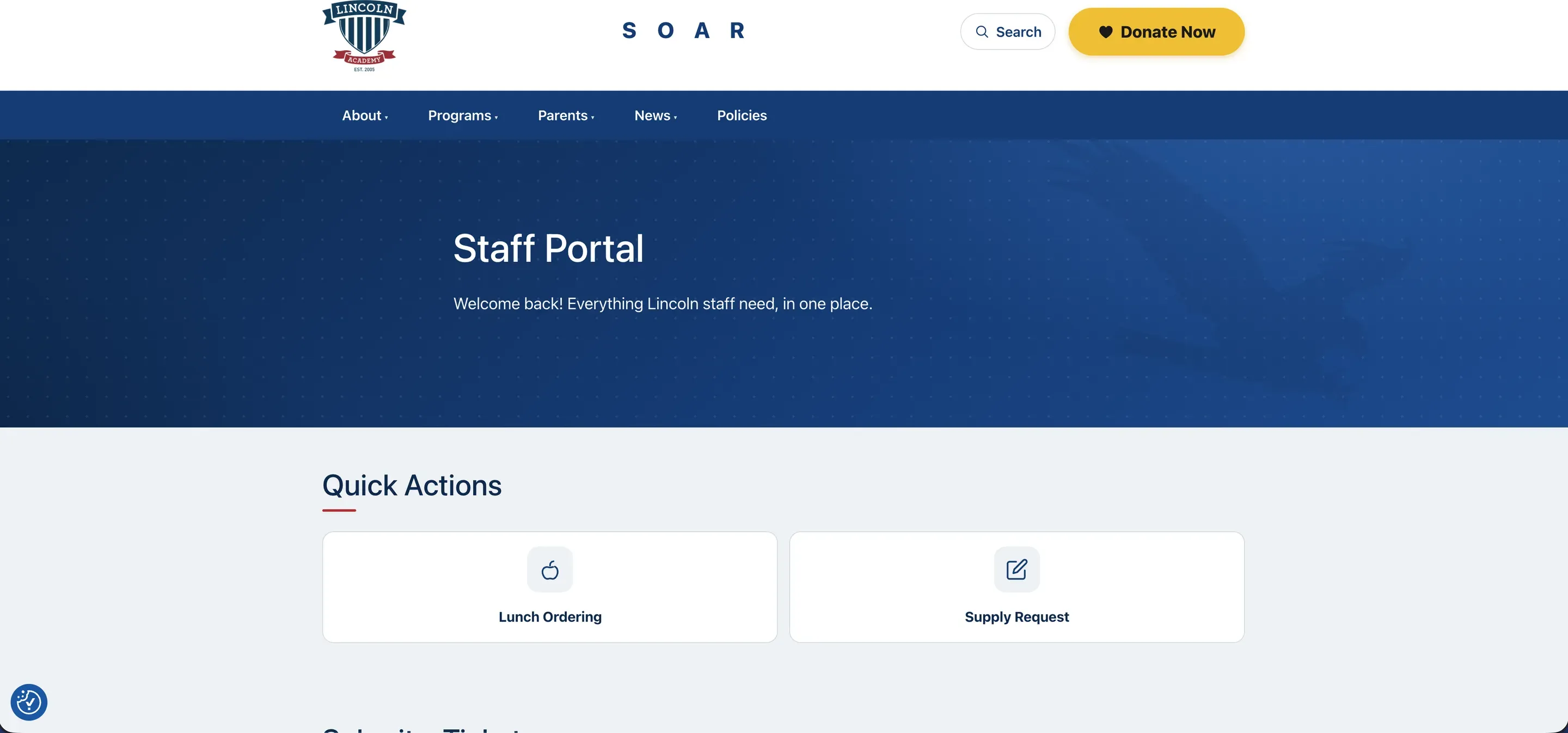 The new Staff Portal — "Everything Lincoln staff need, in one place", with Lunch Ordering and Supply Request as quick actions.