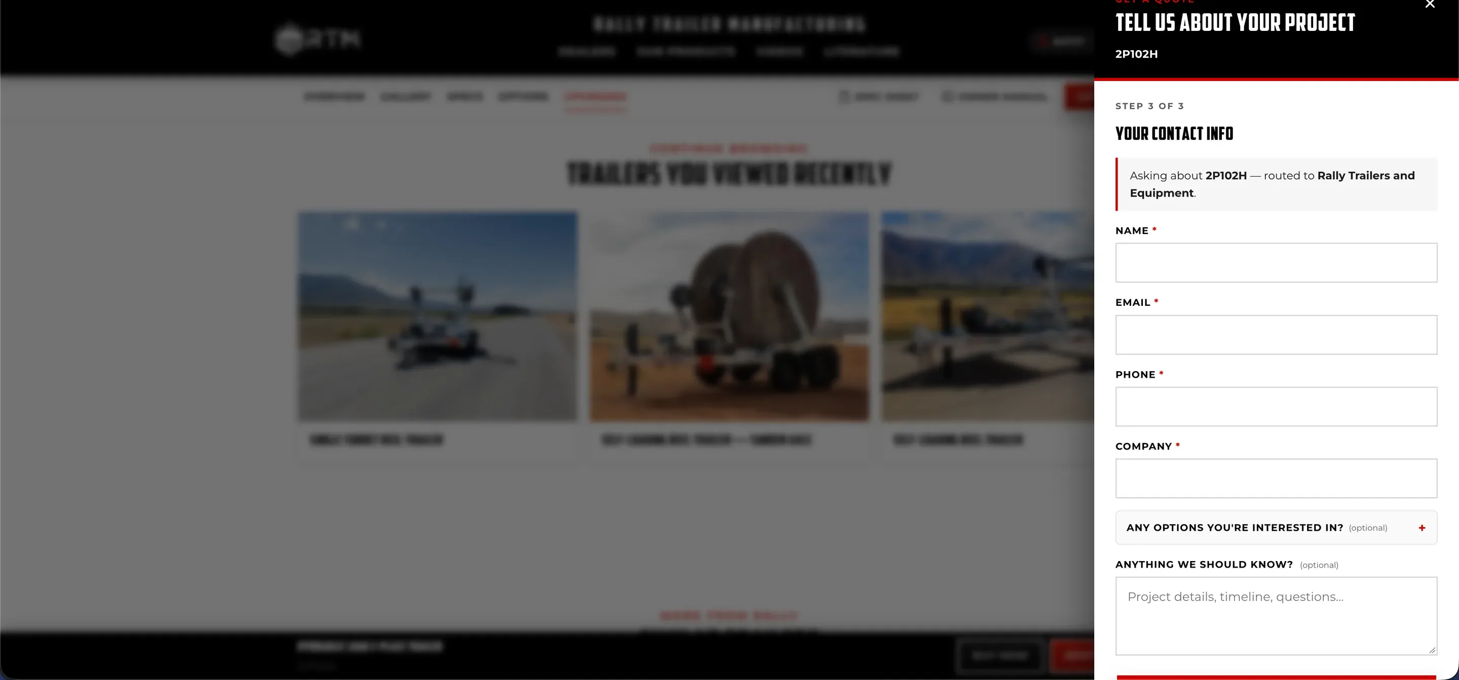 Step 3 of 3, contact info — the trailer and the matched dealer carried along at the top of the form.