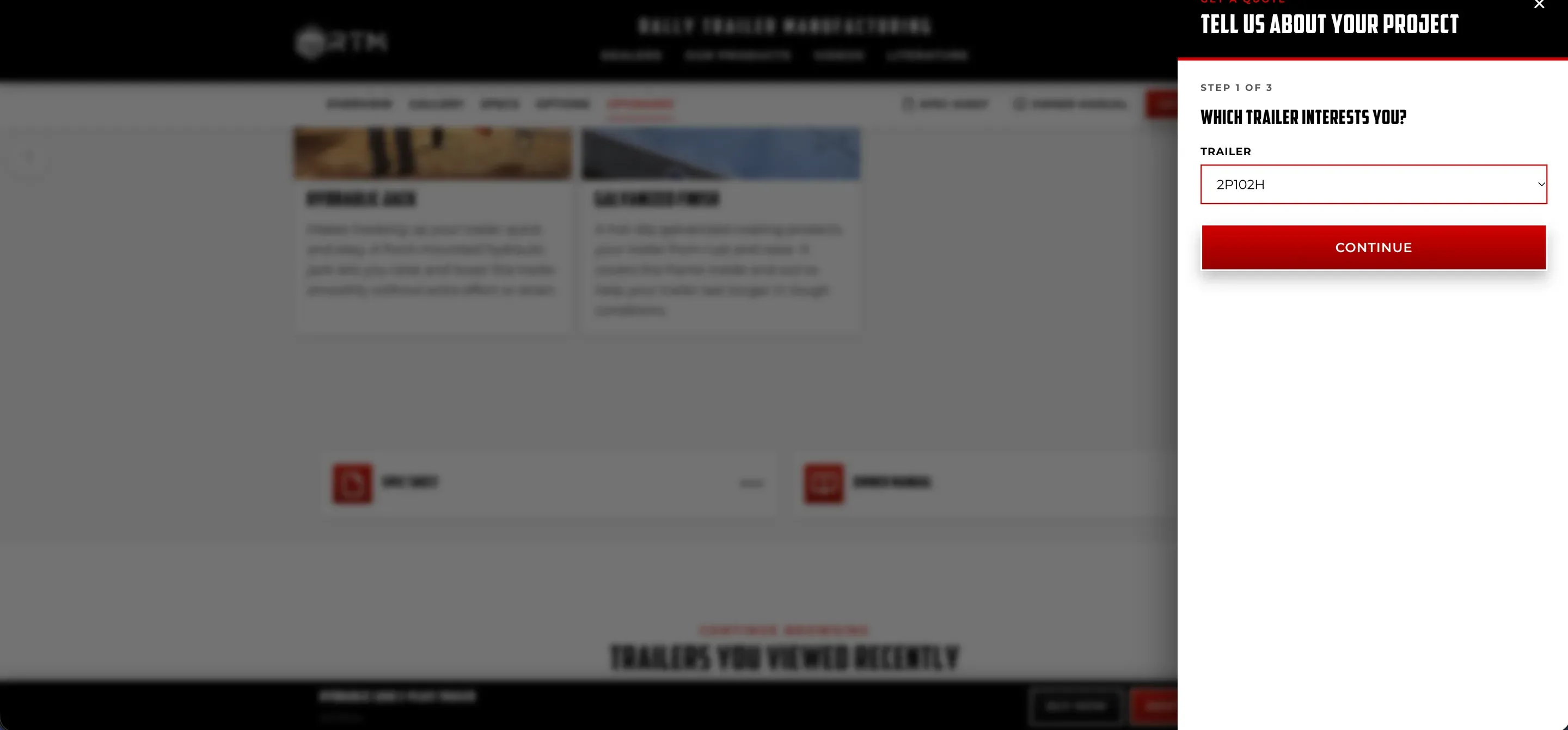 The new quote panel, step 1 of 3, "Which trailer interests you?" with 2P102H already selected.