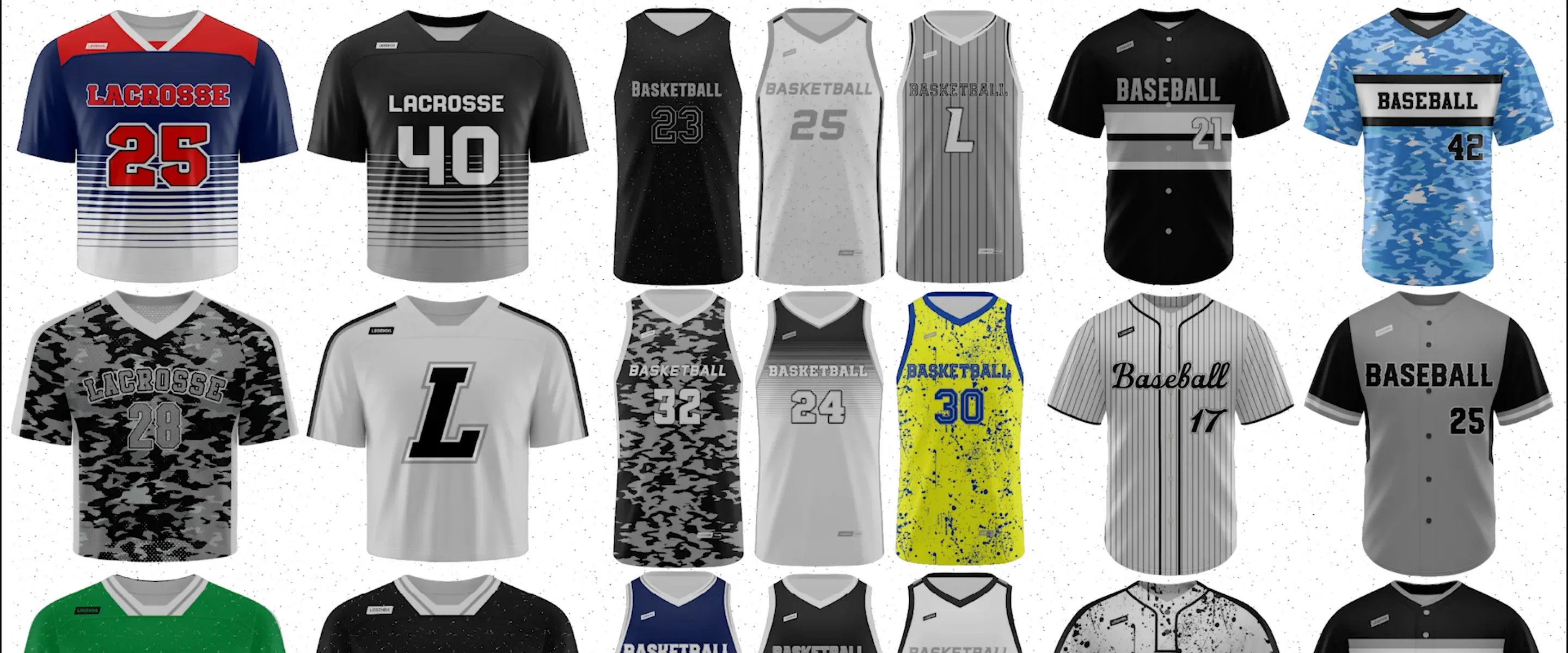 A frame of the homepage's jersey video band — rows of lacrosse, basketball and baseball jerseys on a white speckled background.