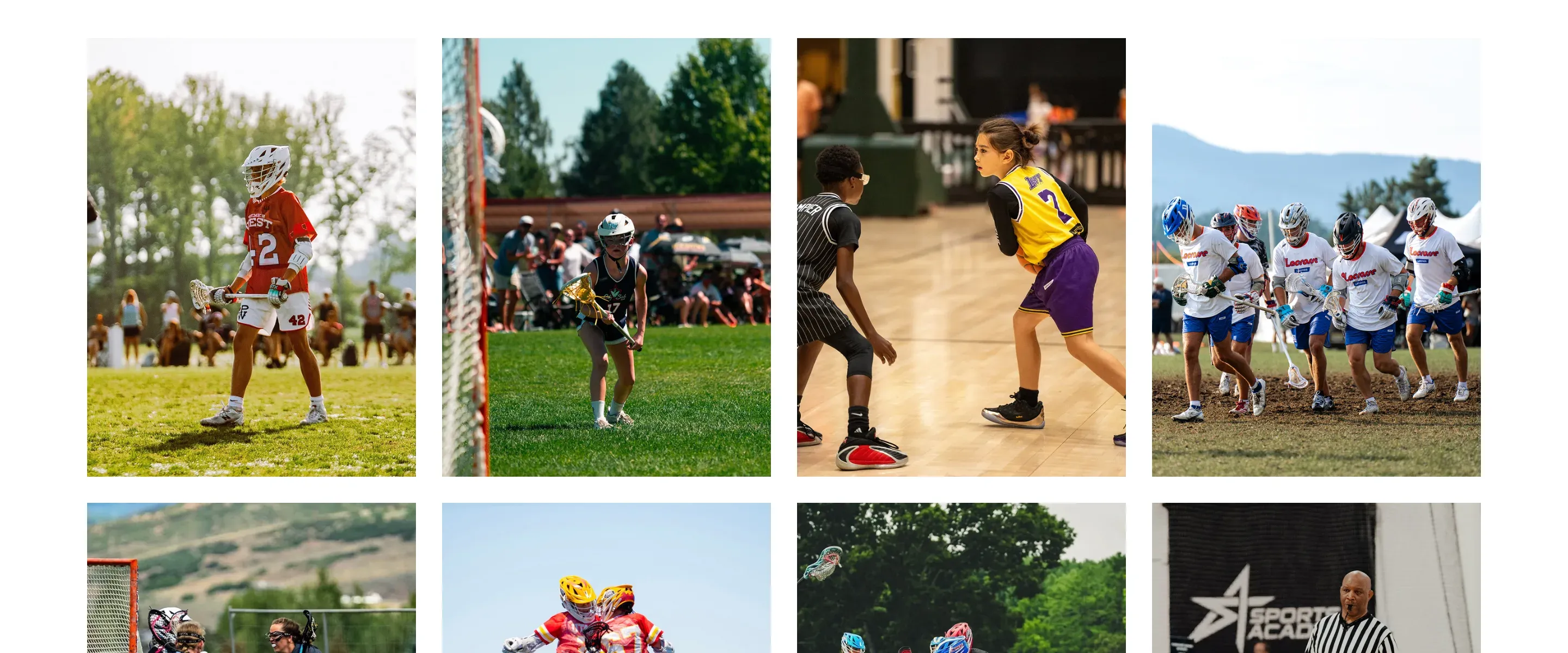 The top row of the "We Are Legends" photo wall — Legends' own photos of club teams playing lacrosse and basketball.