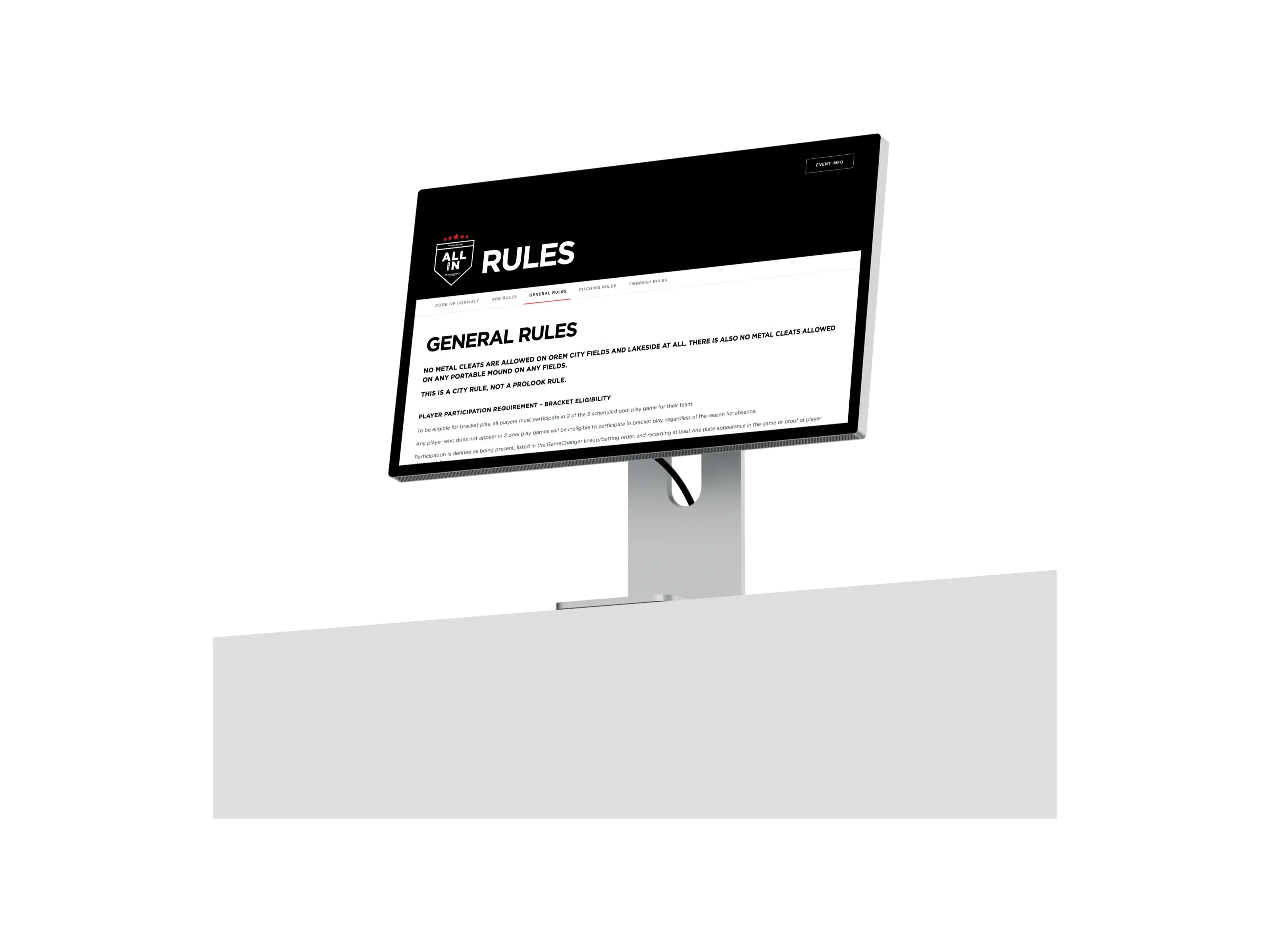 A Studio Display XDR seen from below, showing the rebuilt rules page with the General Rules tab open.