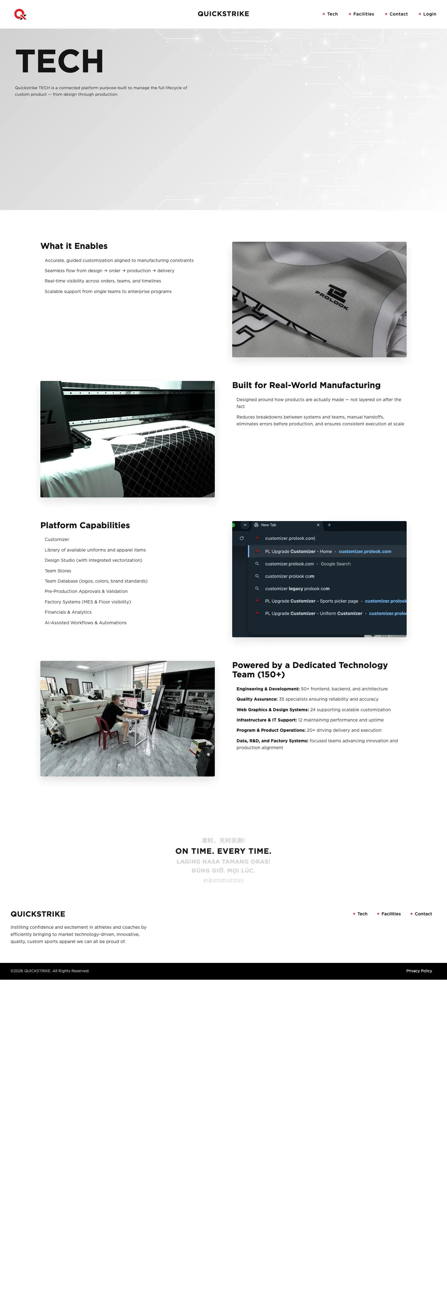 The QuickStrike Tech page, with a large "TECH" title and the "What it Enables" section.