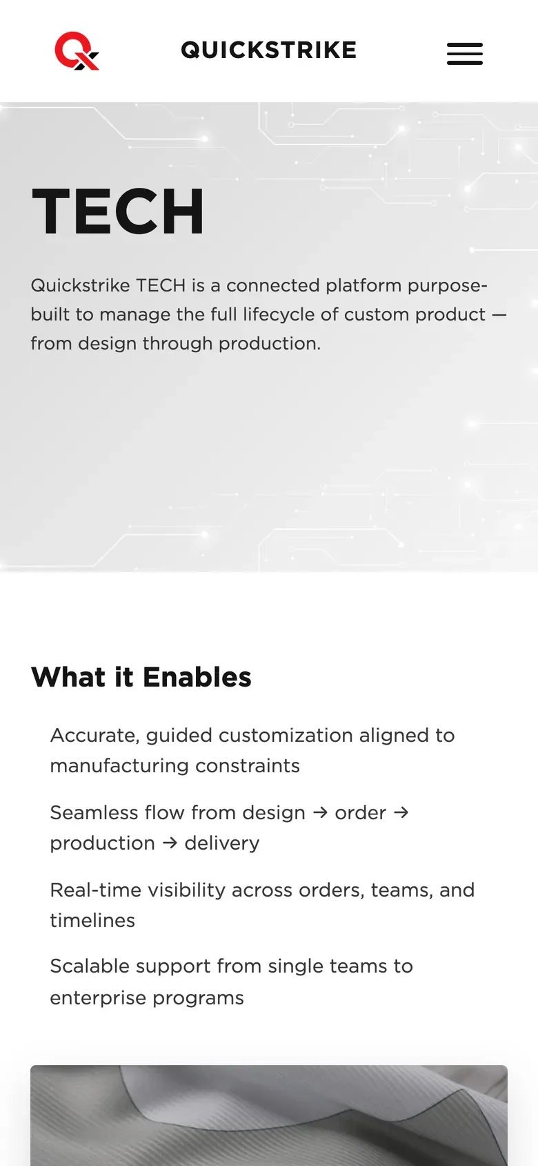 The QuickStrike Tech page, with a large "TECH" title and the "What it Enables" section.