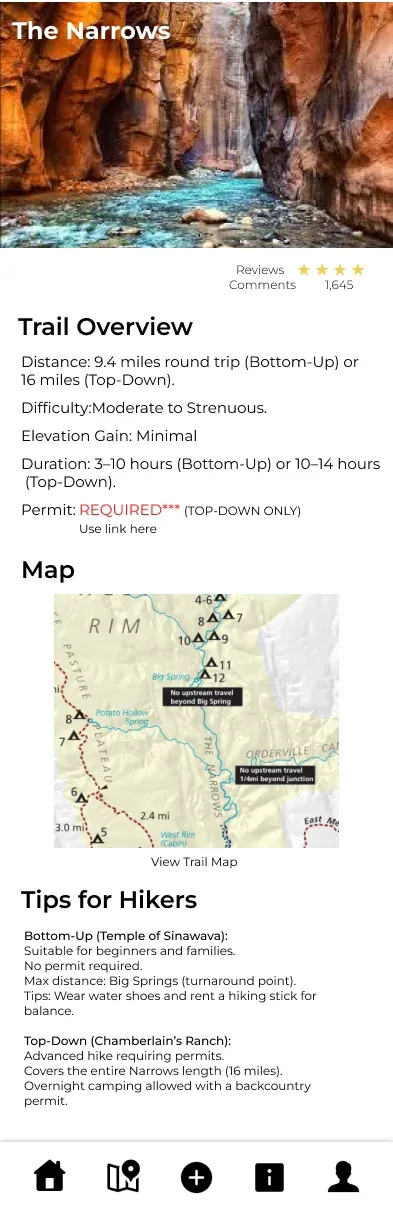 The Narrows trail overview with its map and conditions.