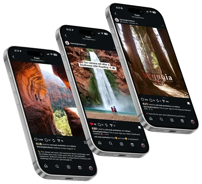 Three phones showing posts from the @thetwilighttrekkers Instagram feed: a slot canyon, a waterfall and a forest trail.