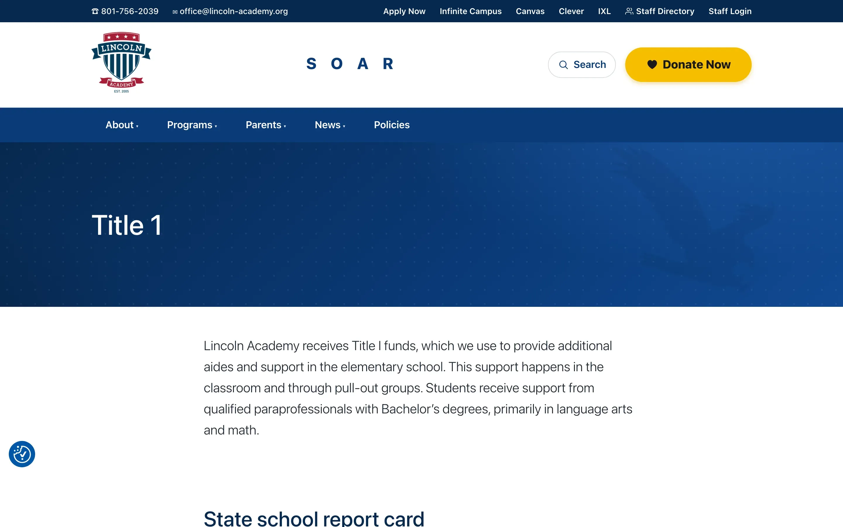 The new Title 1 page — a paragraph on how Title I funds are used, then a State school report card heading.