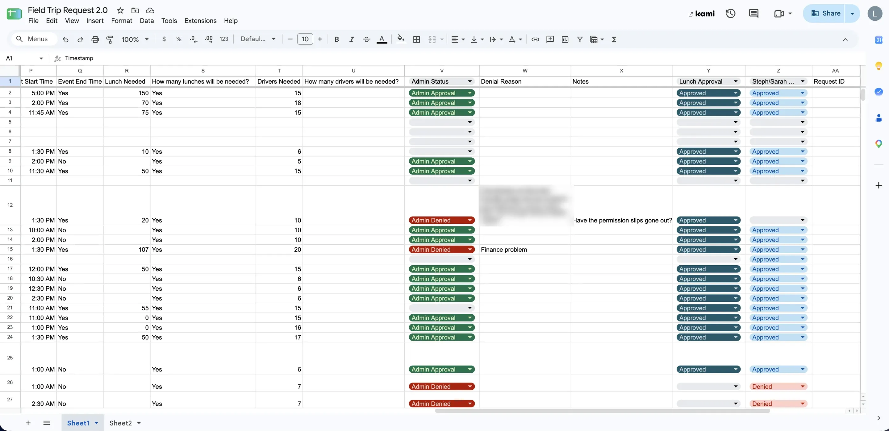 The Field Trip Request tracking sheet — lunches and drivers needed, Admin Approval or Admin Denied, the denial reason, Lunch Approval, the approvers' column and the Request ID.