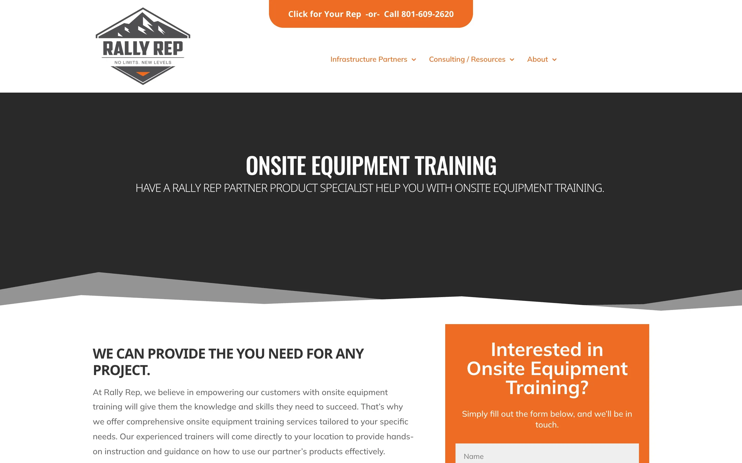 The Rally Rep Onsite Equipment Training page, with a request form on the right.