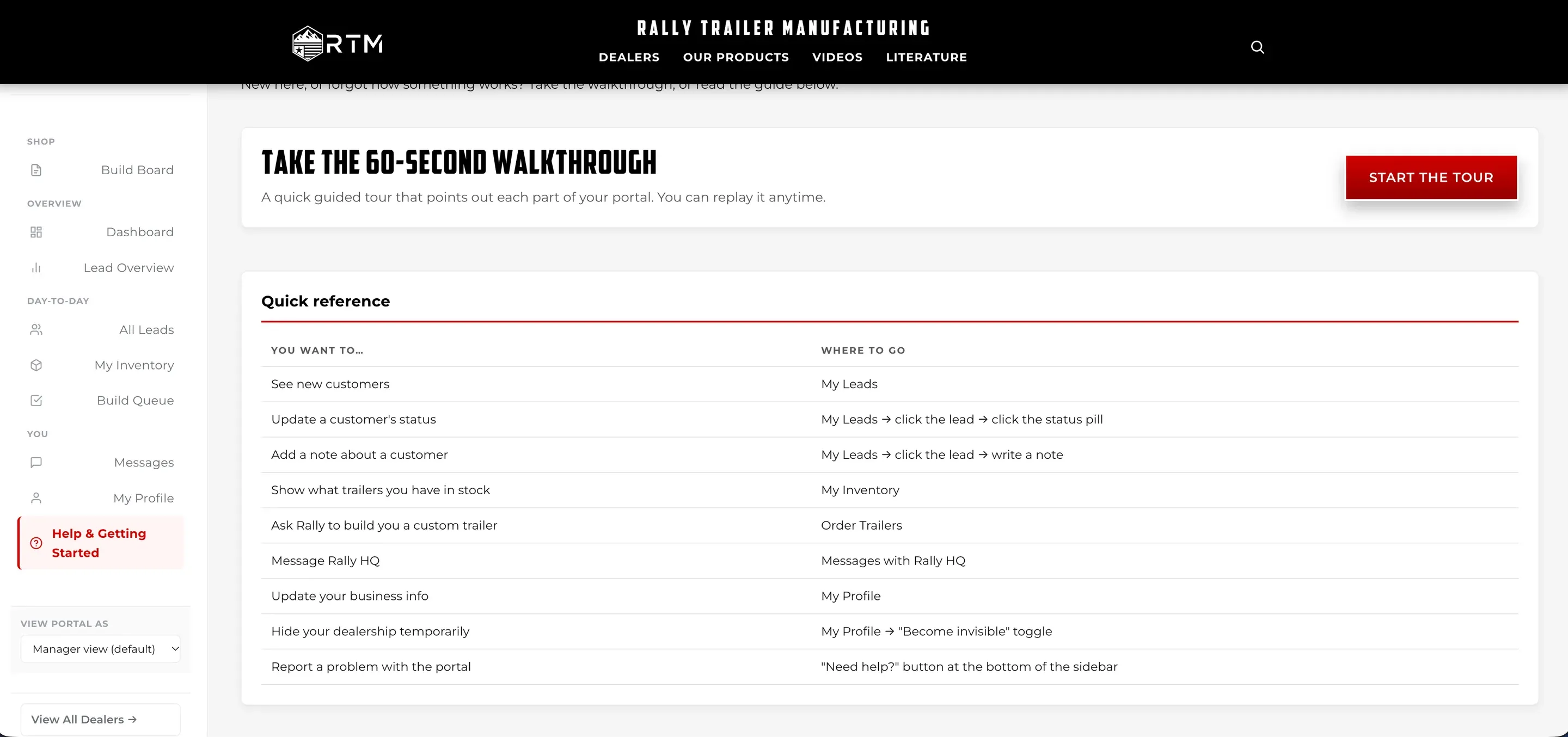 The portal's help page — a 60-second walkthrough button and a quick reference table of where to go for each task.