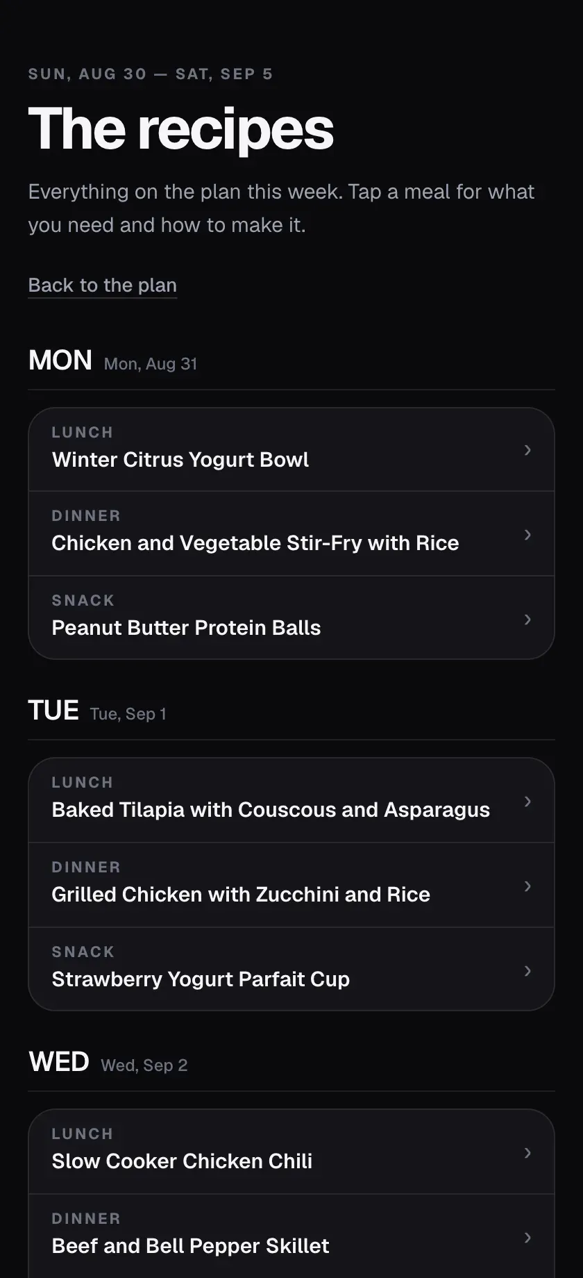 The recipes screen, listing lunch, dinner and a snack for Monday, Tuesday and Wednesday.