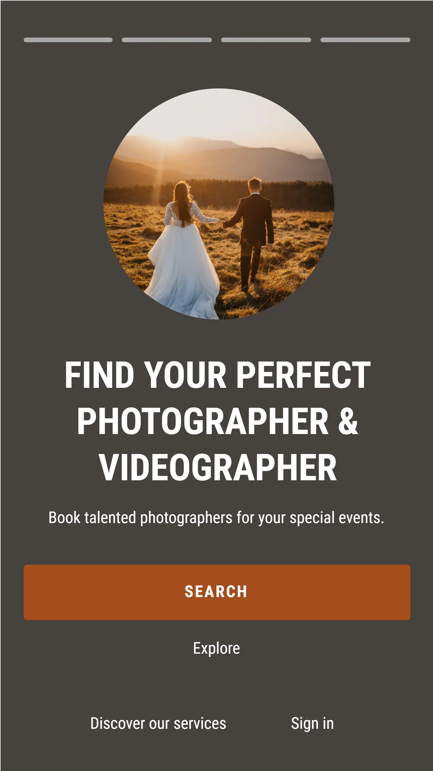 Find your perfect photographer and videographer — the welcome screen.