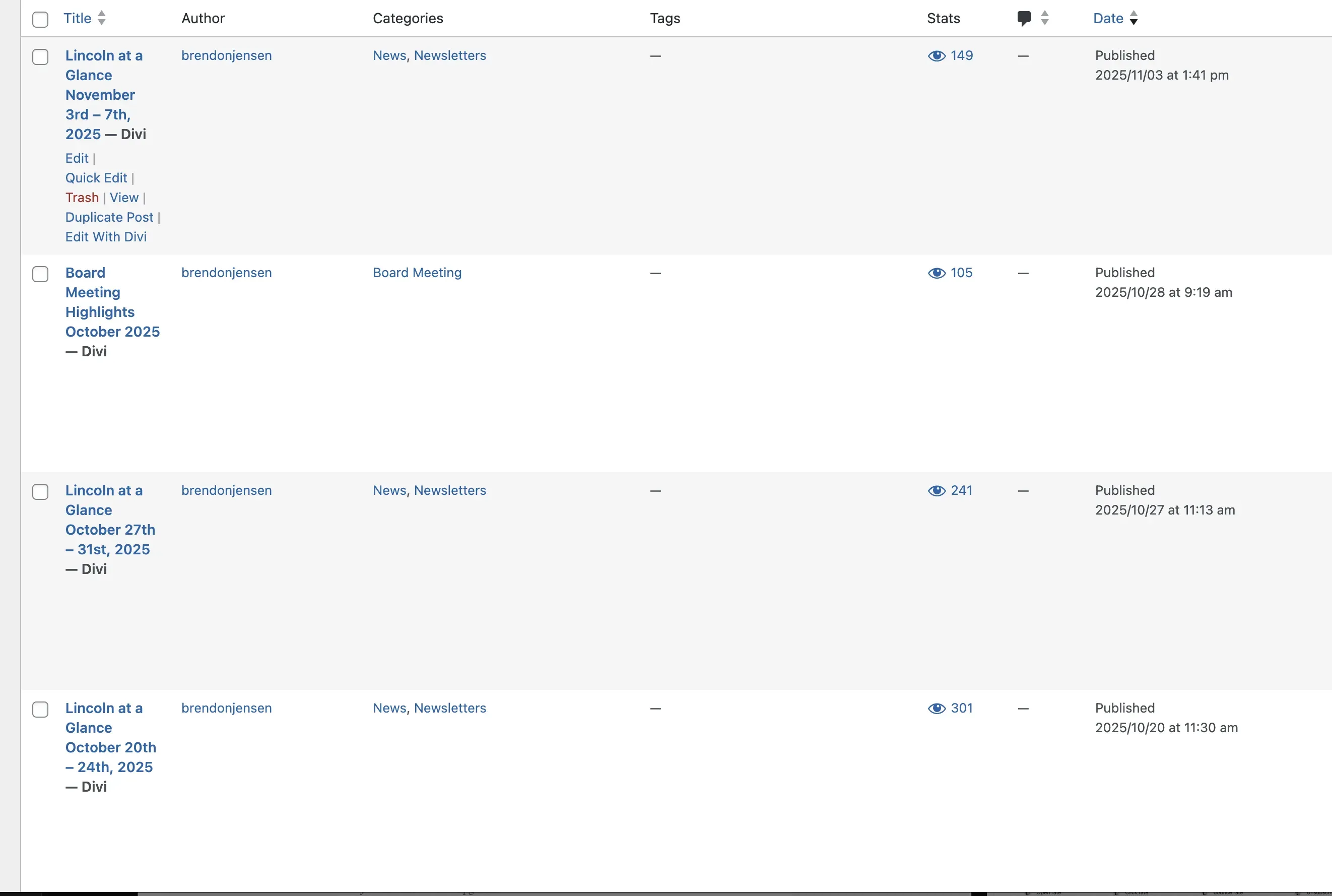 The WordPress posts list — weekly Lincoln at a Glance issues by brendonjensen with 149, 241 and 301 views, and Board Meeting Highlights October 2025 with 105.