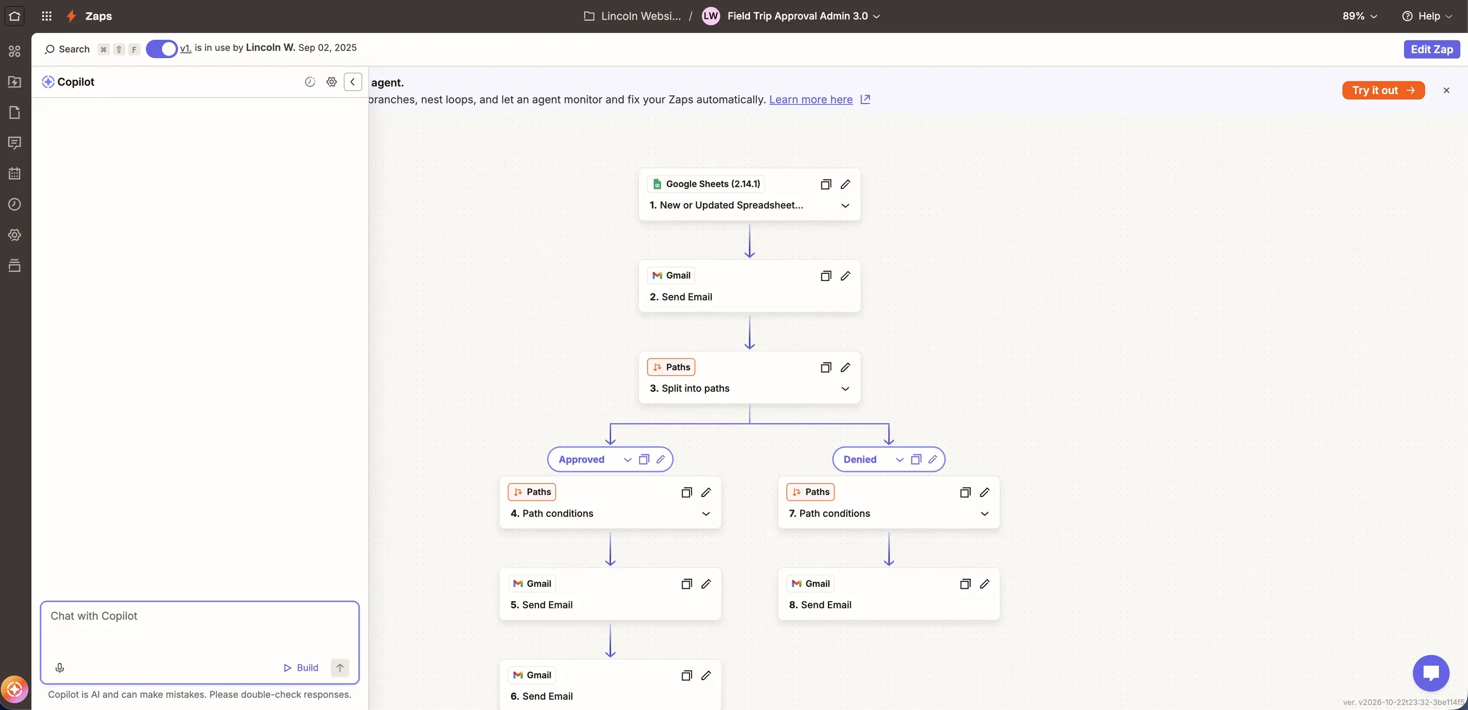 The Field Trip Approval Zap — a spreadsheet trigger, an email, then Approved and Denied paths that each send their own email.
