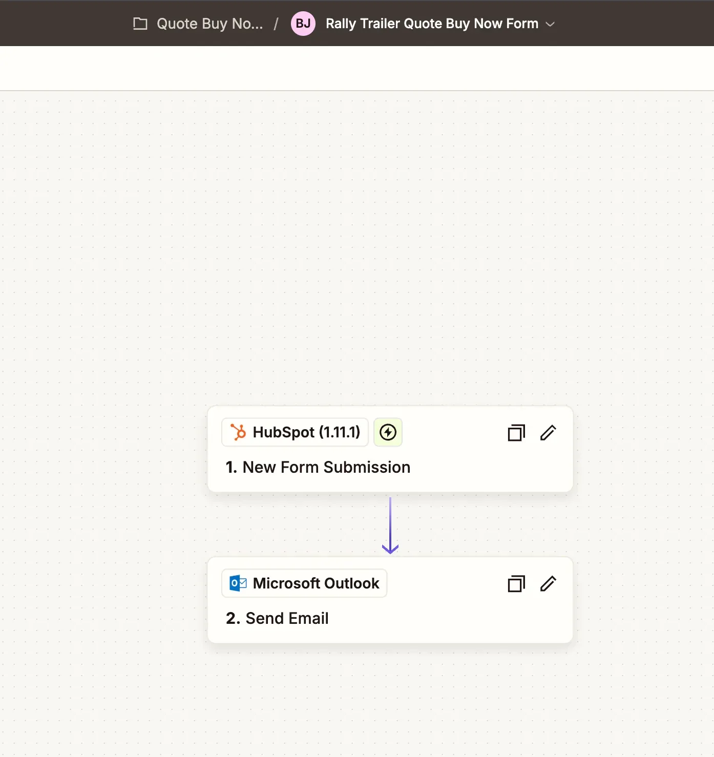 A Zapier flow — a new HubSpot form submission sends an email through Microsoft Outlook.