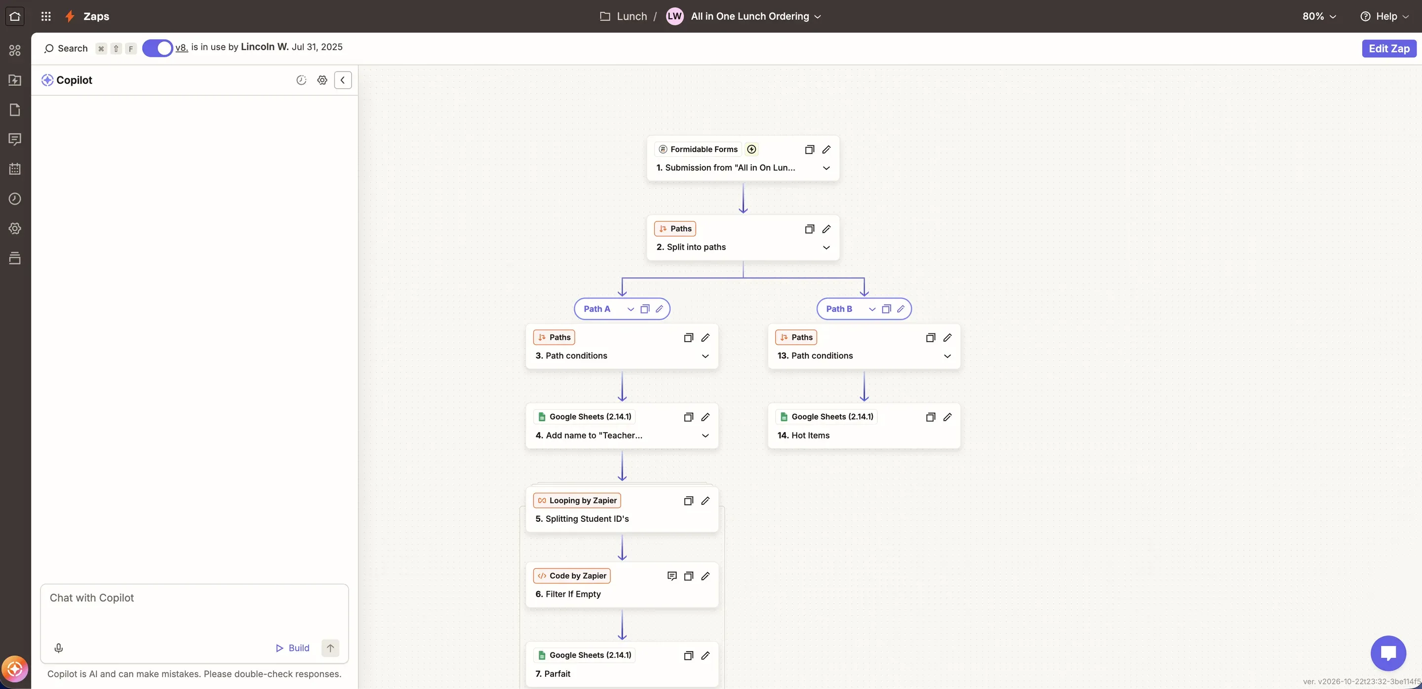 The Zapier "All in One Lunch Ordering" Zap — a Formidable submission splits into two paths that add rows to Google Sheets, one looping over student IDs.