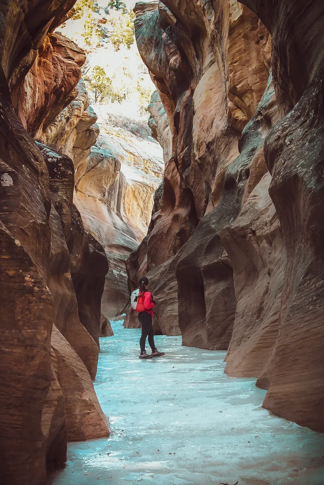 A hiker in red wading turquoise water through a narrow canyon.